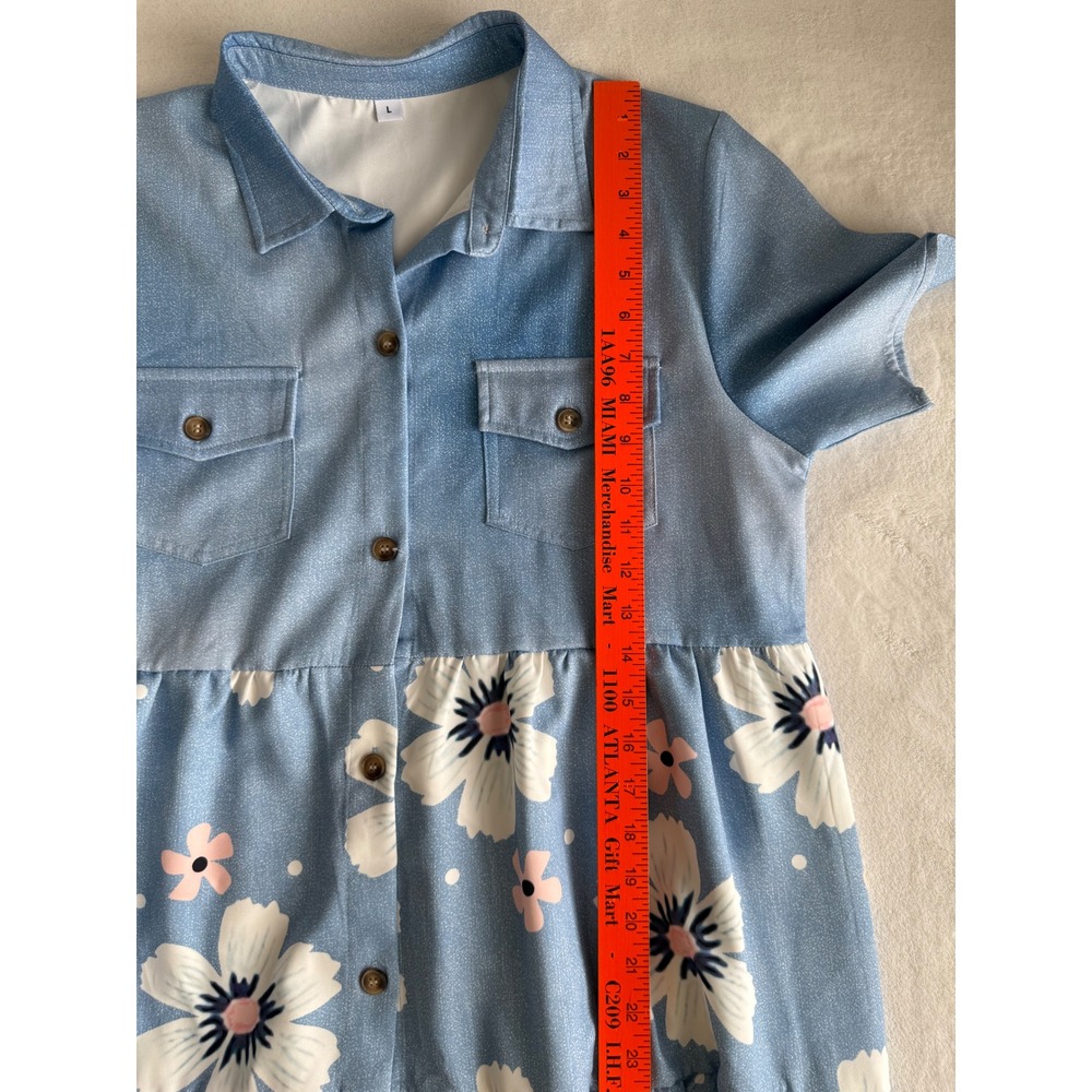 NWOT Womens Shirt Maxi Dress Large Blue Faux Denim Pink Floral Shein Cottagecore - Picture 10 of 11